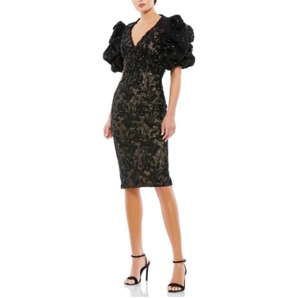 Mac Duggal Black Embellished Puff Sleeve Plunge Neck Midi Dress - Reemoly
